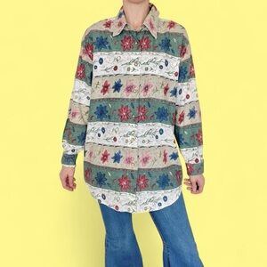 Vintage Krazy Kat Floral Abstract Stripe Button Down Shirt